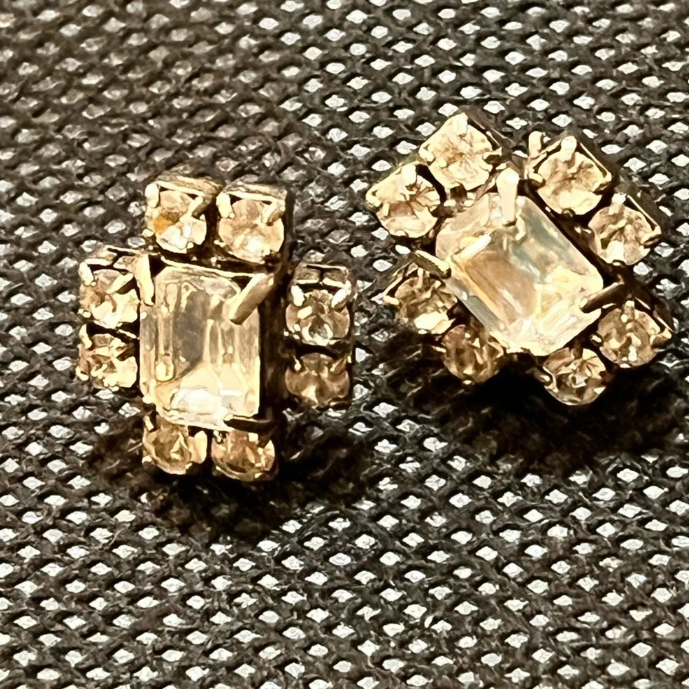 Vintage Clear Crystal Emerald Cut Rhinestone Pierced Stud Earrings MCM Retro